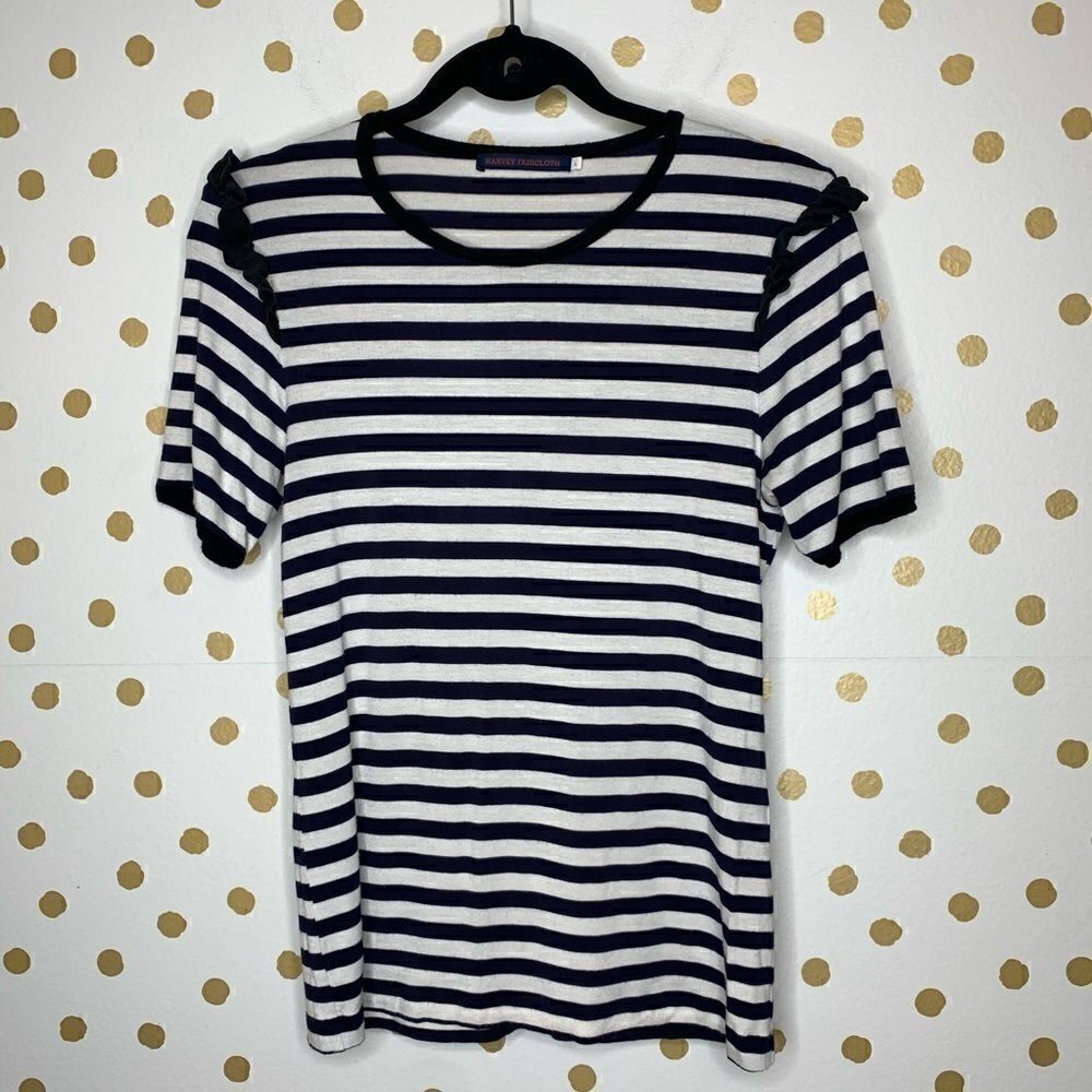 Harvey Faircloth Navy Striped Ruffle Top L